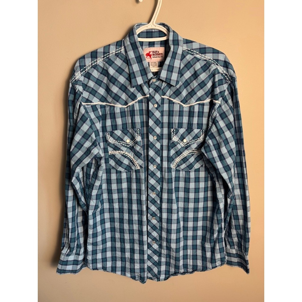 Riley & McCormick Mens Blue Plaid Western Snap Shirt L Cowboy Rodeo Country